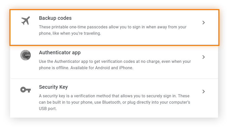 Google 帐户双步骤验证部分中的安全选项